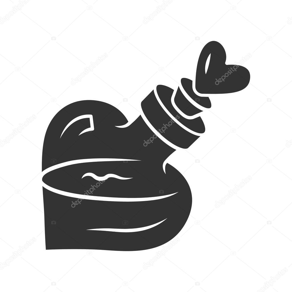 Love potion glyph icon. Silhouette symbol. Philtre. Alchemy and apothecary liquid bottle. Magical elixir, drink, wizard poison in glass flask. Occultism, witchcraft spell. Vector isolated illustration
