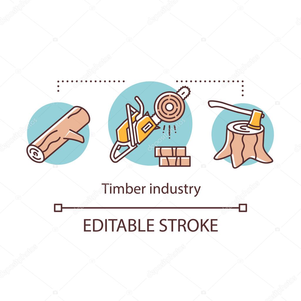 Timber industry concept icon. Logging. Forestry sector. Wood production. Firewood. Log, chainsaw, ax in stump idea thin line illustration. Vector isolated outline drawing. Editable stroke