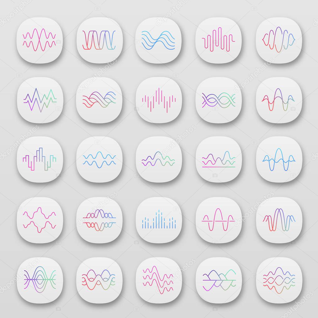 Sound and audio waves app icons set. UI/UX user interface. Music digital soundwaves. Voice recording, radio signals. Noise amplitudes level. Web or mobile applications. Vector isolated illustrations