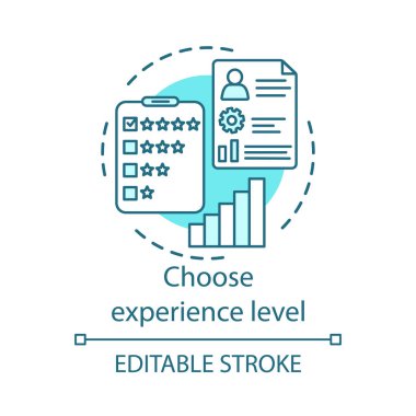 Deneyim düzeyi kavram simgesini seçin. Başarı fikir ince çizgi illüstrasyon düzeyleri. Geri bildirim, çalışan değerlendirmesi, özgeçmiş. İş performansı. Vektör yalıtılmış anahat çizimi. Kullanılabilir kontur