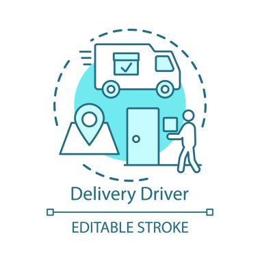 Teslimat sürücüsü kavram simgesi. Servis çalışanı fikir ince çizgi illüstrasyon. Ekspres sevkiyat, dağıtım. Teslimat aracı, kamyon. Kargo nakliyesi. Vektör yalıtılmış anahat çizimi. Kullanılabilir kontur