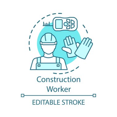 İnşaat işçisi kavram simgesi. Oluşturucu, işçi fikir ince çizgi illüstrasyon. Onarım, bakım elemanı. Sert şapkalı işçi, tamirci. El işçiliği. Vektör yalıtılmış anahat çizimi. Kullanılabilir kontur