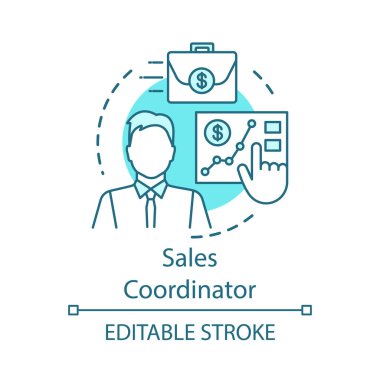 Satış koordinatörü kavram simgesi. Müşteri destek temsilcisi, uzman fikir ince çizgi illüstrasyon. Satıcı, pazarlamacı. İlerleme izleme. Vektör yalıtılmış anahat çizimi. Kullanılabilir kontur