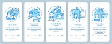 Doğrusal kavramlar ile yaz part-time işleri mavi onboarding mobil uygulama sayfası ekranı. İnşaat işçisi, caddy. walkthrough adımları grafik yönergeleri. Ux, Ui, Gui vektör şablonu çizimleri ile