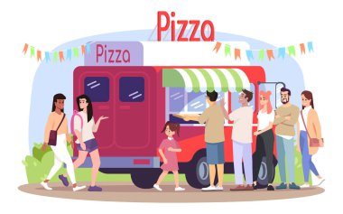 Pizza gıda kamyon düz vektör illüstrasyon. Hazır paket yemek aracı, alıcılar. Tekerlekli İtalyan mutfağı restoran. Pizzacı ziyaretçiler, yürüyen insanlar beyaz arka plan üzerinde çizgi film karakterleri izole