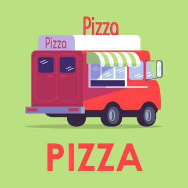 Pizza poster vektör şablonu. Pizzacı araç restoran. Broşür, kapak, kitapçık sayfa konsept tasarımı ve düz çizimler. Sokak yemek arabası. Reklam el ilanı, broşür, afiş düzeni fikri