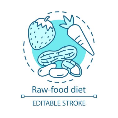 Çiğ gıda diyet, vegan yaşam tarzı kavramı simgesi. Vejetaryen beslenme fikri ince çizgi illüstrasyon. Sağlıklı yemek. Organik havuç, fıstık ve çilek vektör izole anahat çizim. Kullanılabilir kontur