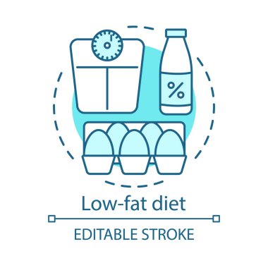 Düşük yağlı diyet, vegan yaşam tarzı kavramı simgesi. Vejetaryen beslenme fikri ince çizgi illüstrasyon. Sağlıklı yiyecekler. Yağsız süt, çiğ yumurta ve ağırlık ölçekleri vektör izole anahat çizim. Kullanılabilir kontur
