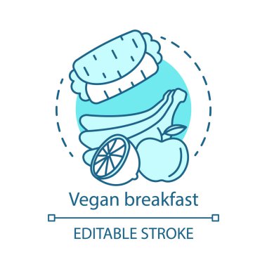 Vegan kahvaltı, sağlıklı beslenme kavramı simgesi. Organik gıda fikri ince çizgi illüstrasyon. Taze elma, olgun muz, limon ve vejetaryen burrito vektör izole anahat çizim. Kullanılabilir kontur