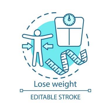 Kilo, sağlıklı yaşam tarzı kavramı simgesi. Vejetaryen beslenme faydaları fikir ince çizgi illüstrasyon. Kalori ler yakar. Ölçüm bant ve ölçekler vektör izole anahat çizim. Kullanılabilir kontur