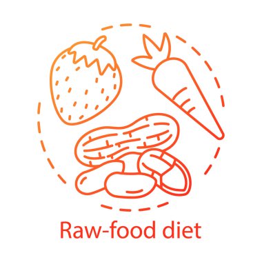 Vejetaryen beslenme, çiğ gıda diyet kavramı simgesi. Vegan yaşam tarzı fikir ince çizgi illüstrasyon. Sağlıklı yemekler, doğal atıştırmalıklar. Organik havuç, fıstık ve çilek vektör izole anahat çizim