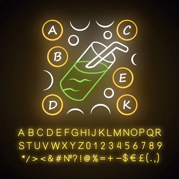 Witamina koktajl ikona Neon światła. Witaminy A, B, C, D, E, K. Mul — Wektor stockowy