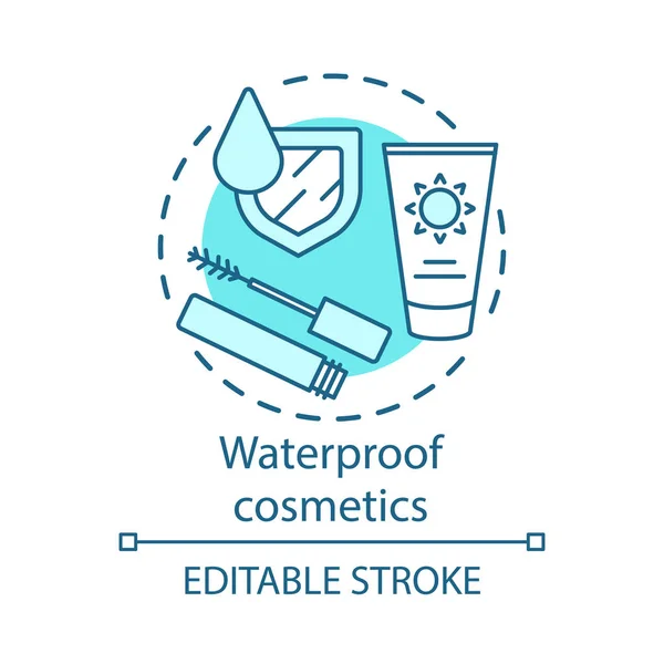 Waterproof skin cosmetics concept icon. Water resistant mascara, sunscreen cream idea thin line illustration. Makeup products waterproof formula. Vector isolated outline drawing. Editable stroke — Stock Vector