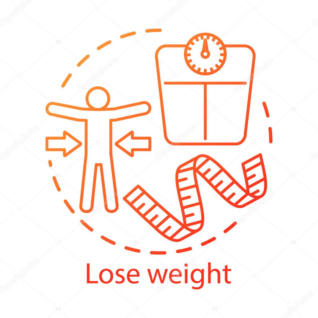Lose weight, healthy lifestyle concept icon. Vegetarian nutrition benefits idea thin line illustration. Calories burn, slimming. Measuring tape and scales vector isolated outline drawing