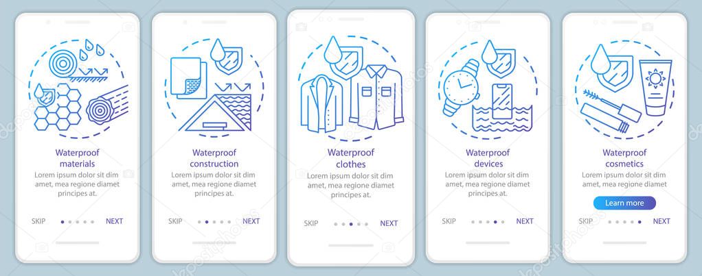 Waterproof equipment, clothing onboarding mobile app page screen with linear concepts. Moisture resistant gadgets walkthrough steps graphic instructions. UX, UI, GUI vector template with illustrations