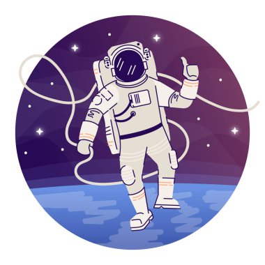 Kozmonot dış uzayda düz kavram simgesi. Uzay giysisi içinde astronot kozmos sıfır yerçekimi ok işareti etiket, clipart yapma yüzen. Uzay keşif beyaz arka plan üzerinde izole karikatür illüstrasyon