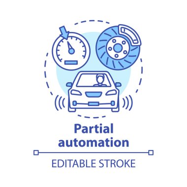 Kısmi otomasyon kavramı simgesi. Seyir kontrolü ve park sensörleri olan araç. Sürücü fikri ince çizgi illüstrasyon için elektronik araç sistemleri. Vektör yalıtılmış anahat çizimi. Kullanılabilir kontur