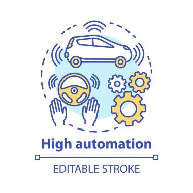 Yüksek otomasyon kavramı simgesi. Otonom özelliklere sahip araba. Direksiyon Yrd. Otomatik pilot sistemi. Sürücüsüz araç fikri ince çizgi illüstrasyon. Vektör yalıtılmış anahat çizimi. Kullanılabilir kontur