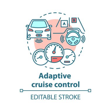 Adaptif cruise control konsept simgesi. Yol çarpışmalarını önlemek için sistem. Kendi kendine giden araba. Otomatik pilot araç fikri ince çizgi illüstrasyon. Vektör yalıtılmış anahat çizimi. Kullanılabilir kontur