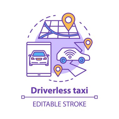 Sürücüsüz taksi konsept simgesi. Robo-Cab. Otonom arabada navigasyon. Kendi kendine giden araç için yönlendirme. Mobil taksi hizmeti fikir ince çizgi illüstrasyon. Vektör yalıtılmış anahat çizimi. Kullanılabilir kontur