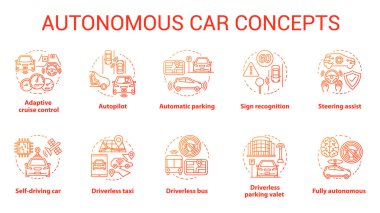Otonom araç konsept simgeleri ayarlayın. Araba robotik özellikleri. Sürücüsüz araçlar. Güvenli sürüş fikri ince çizgi çizimler elektronik teknolojisi. Vektör yalıtılmış anahat çizimleri. Kullanılabilir kontur