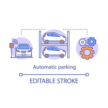 Automatic parking concept icon. Space-saving smart parking system. Car-park. Perpendicular stand spots idea thin line illustration. Vector isolated outline drawing. Editable stroke