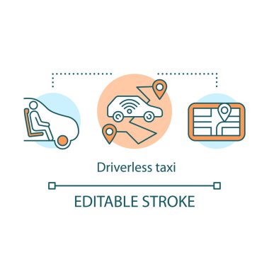Driverless taxi concept icon. Robo-Cab. Mobile taxi service. App driving control. Driving in robotic car idea thin line illustration. Vector isolated outline drawing. Editable stroke