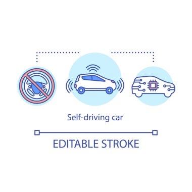 Self-driving car concept icon. Autonomous automobile. Driverless, robotic car. Vehicle with artificial intelligence idea thin line illustration. Vector isolated outline drawing. Editable stroke
