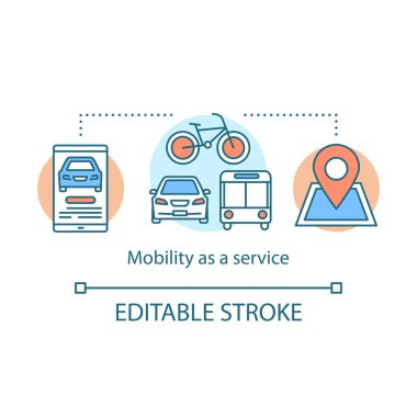 Bir hizmet konsepti simgesi olarak mobilite. Maas. Seyahat planlayıcısı. Mobil uygulama fikri ince çizgi illüstrasyon kullanarak ulaşım hizmetleri birleştirerek. Vektör yalıtılmış anahat çizimi. Kullanılabilir kontur
