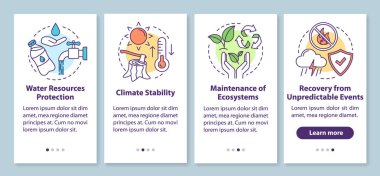 Ekosistem hizmetleri doğrusal kavramlarla mobil uygulama sayfası ekranında yer alır. Su kaynakları, iklim istikrar walkthrough adımları grafik talimatları. Ux, Ui, Gui vektör şablonu çizimleri ile