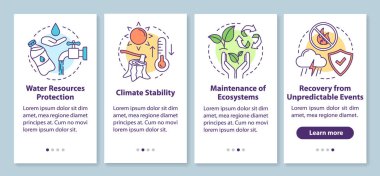 Ecosystem services onboarding mobile app page screen with linear concepts. Water resources, climate stability walkthrough steps graphic instructions. UX, UI, GUI vector template with illustrations clipart