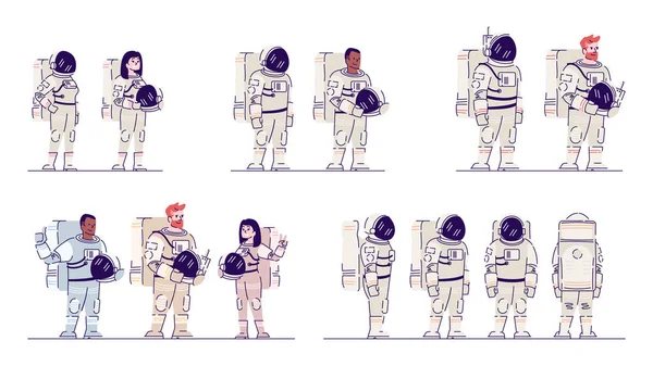 Cosmonauts in space suits flat vector illustrations set. Multira — Stock Vector