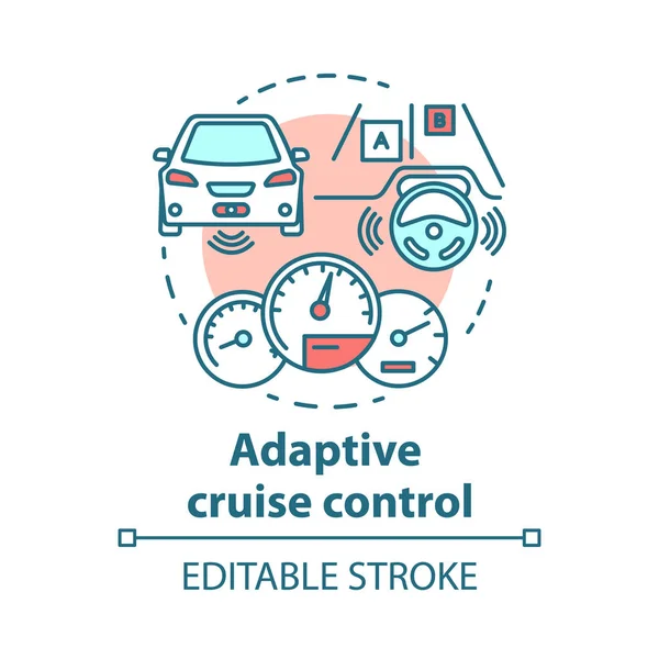 Adaptif cruise control konsept simgesi. Yol çarpışmalarını önlemek için sistem. Kendi kendine giden araba. Otomatik pilot araç fikri ince çizgi illüstrasyon. Vektör yalıtılmış anahat çizimi. Kullanılabilir kontur