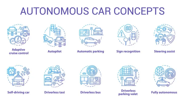 Conjunto de ícones de conceito de carro autônomo. Características robóticas do carro. Veículos sem condutor. Tecnologia eletrônica em ilustrações de linha fina ideia de condução segura. Desenhos de contorno isolados de vetores. AVC editável — Vetor de Stock