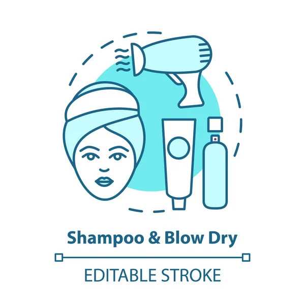 Shampoo and blow dry blue concept icon. Hair care, treatment products. Hairstyling idea thin line illustration. Hairdresser salon, hairstylist parlor. Vector isolated outline drawing. Editable stroke — Stock Vector
