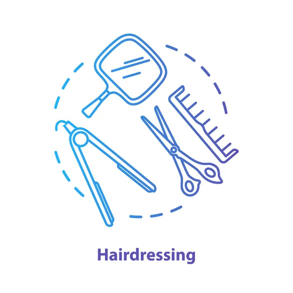 Hairdressing blue concept icon. Hairdresser salon professional equipment idea thin line illustration. Scissors, straightening iron. Blue gradient vector isolated outline drawing. Editable stroke — Stock Vector