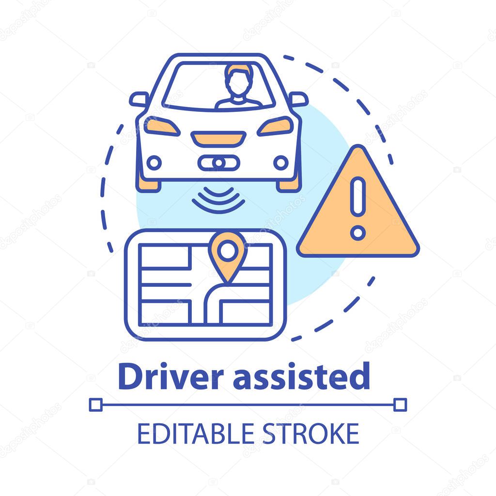 Driver assisted concept icon. Car intelligent features for safety and comfort. Sensory information to navigation paths idea thin line illustration. Vector isolated outline drawing. Editable stroke