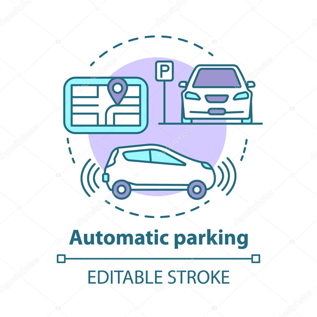 Automatic parking concept icon. Driverless car navigation. Smart car-maneuvering system. Self-driving feature idea thin line illustration. Vector isolated outline drawing. Editable stroke