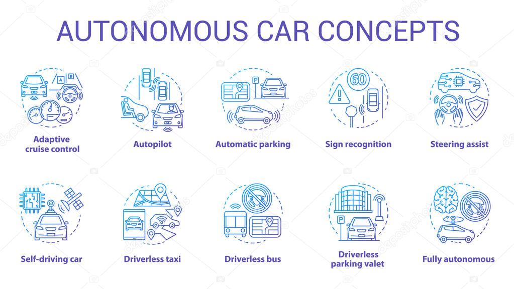 Autonomous car concept icons set. Car robotic features. Driverless vehicles. Electronic technology in safe driving idea thin line illustrations. Vector isolated outline drawings. Editable stroke