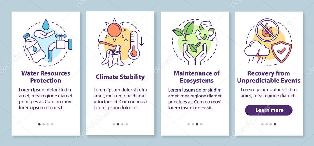 Ecosystem services onboarding mobile app page screen with linear concepts. Water resources, climate stability walkthrough steps graphic instructions. UX, UI, GUI vector template with illustrations