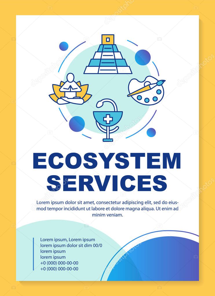 Ecosystem services poster template layout. Banner, booklet, leaflet print design with linear icons. Cultural and health service. Vector brochure page layouts for magazines, advertising flyers