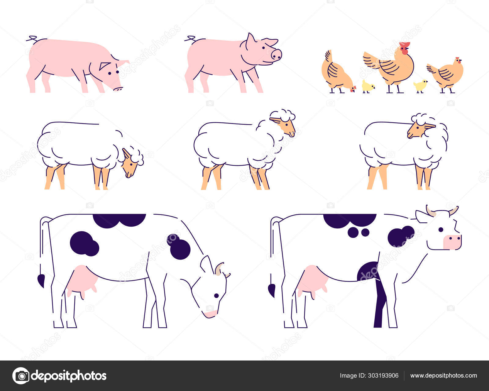 家畜平面矢量图集.畜牧业,畜牧业,孤立的设计元素与概述.牛、羊、猪、鸡奶牛场，家禽养殖场。畜栏动物藏品图库矢量图©IMG visuals icons  303193906, image size:1600x1282