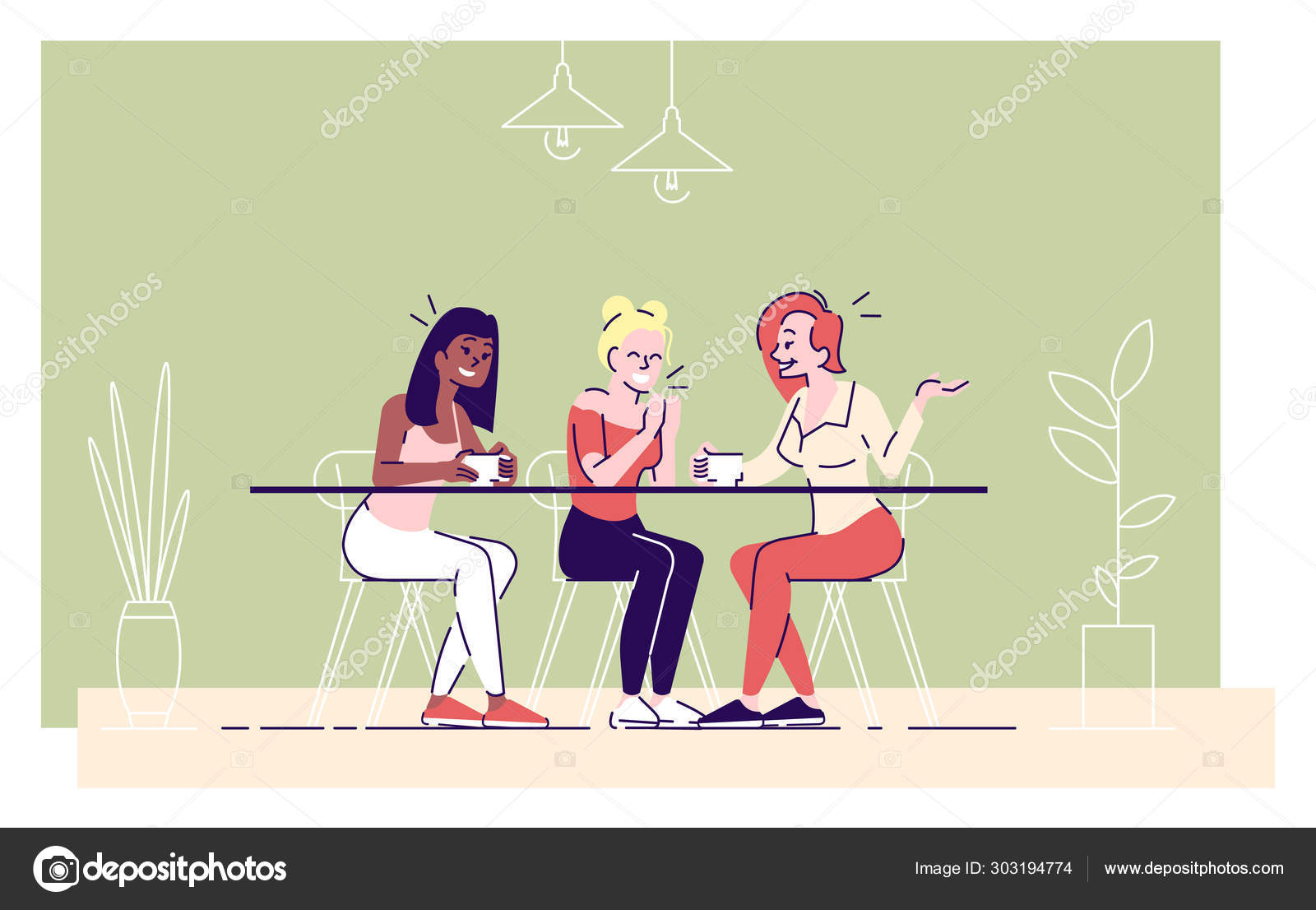 Girls Drink Coffee In Cafe Flat Vector Illustration Young Ladies Enjoy Tea Cheerful Women Discussing Latest News Gossiping Cartoon Characters With Outline Elements On Green Background Vector Image By C Bsd