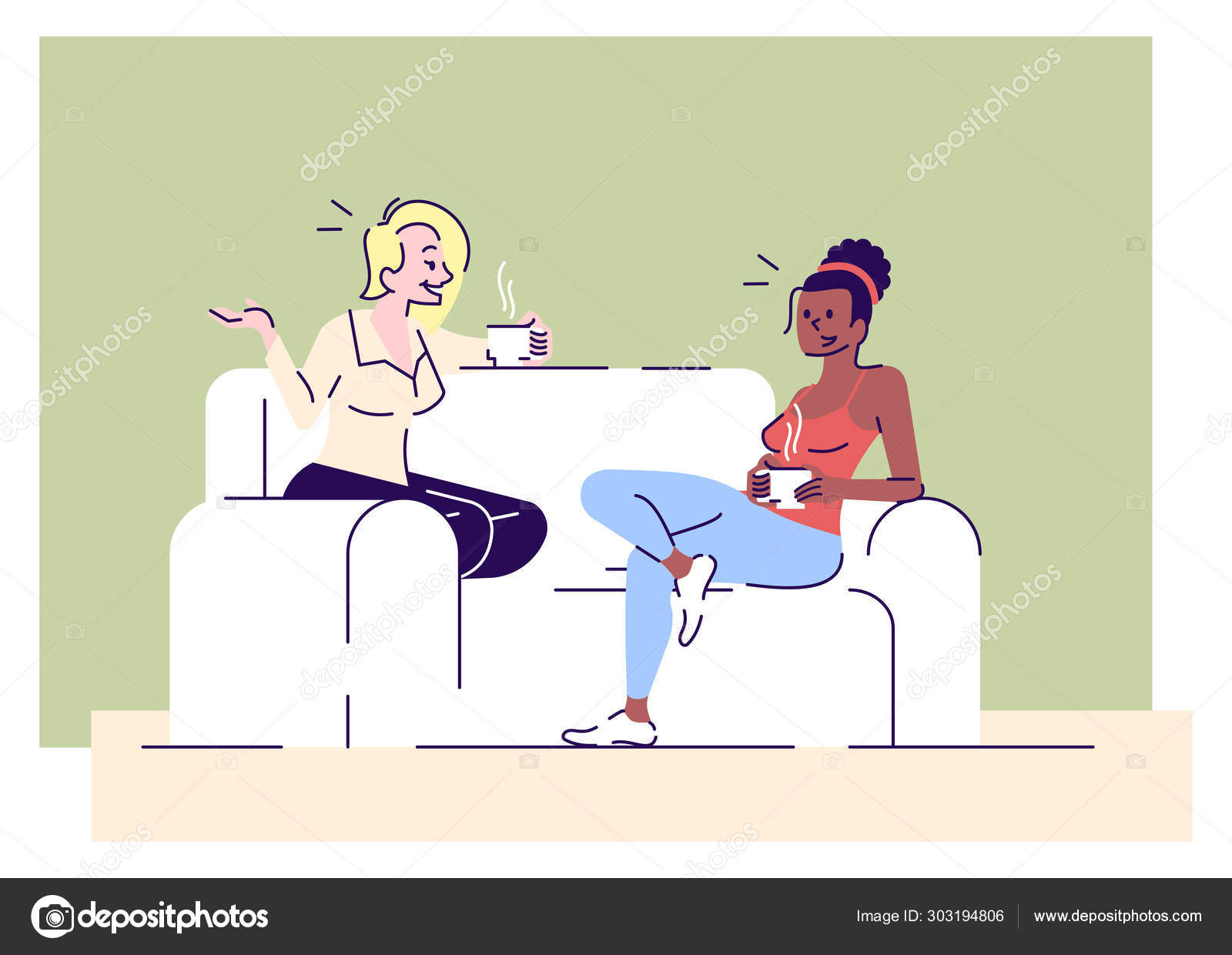 Girls Gossiping Flat Vector Illustrations Young Female Friends Sitting On Sofa Drinking Tea Sharing Latest News Students Relaxing Cartoon Characters With Outline Elements On Green Background Vector Image By C Bsd