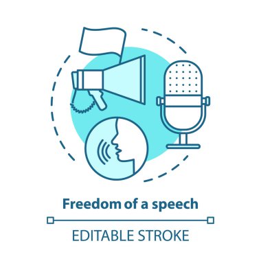 Seçimler kavramı simgesi. Propaganda. Konuşma özgürlüğü fikri ince çizgi illüstrasyon. Fikirlerini, düşüncelerini özgürce ifade etmek. Demokrasi, kamuoyu. Vektör yalıtılmış anahat çizimi. Kullanılabilir kontur