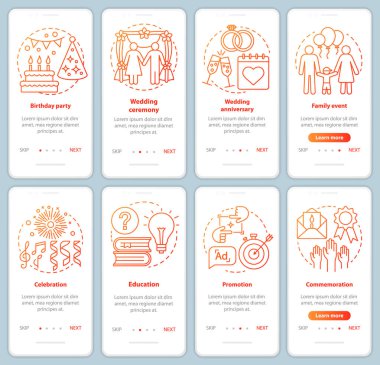 Doğrusal kavramlar ile mobil uygulama sayfası ekranında özel etkinlik yönetimi. Parti planlayıcısı. Tatil kutlama walkthrough grafik talimatları. Ux, Ui, Gui vektör şablonları illüstrasyon ile ayarlanır