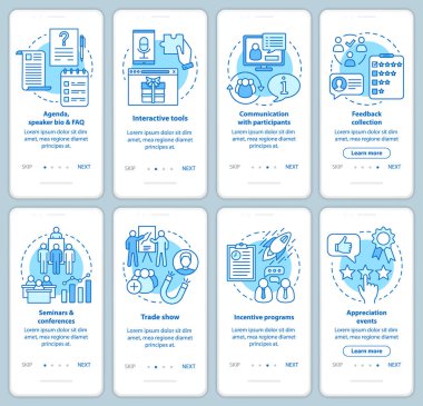 Doğrusal kavramlar la mobil uygulama sayfası ekranında kurumsal etkinlik planlama hizmeti. Şirket olay yönetimi görsel talimatlar. Ux, Ui, Gui vektör şablonları çizimlerile ayarlanmış
