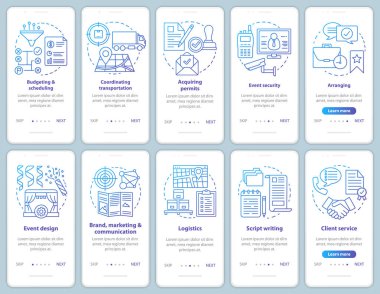 Olay yönetimi ve planlama hizmeti doğrusal kavramlar ile mobil uygulama sayfası ekranında. Özel etkinlikler sanayi walkthrough talimatları. Ux, Ui, Gui vektör şablonları çizimlerile ayarlanmış