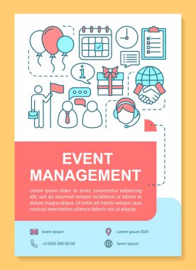 Event management poster template layout. Corporate party planning. Holiday celebration. Banner, booklet, leaflet print design with linear icons. Vector brochure page layouts for advertising flyers