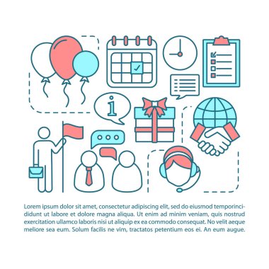 Corporate party article page vector template. Business event management, company anniversary. Brochure, magazine, booklet element with linear icons. Print design. Concept illustrations with text